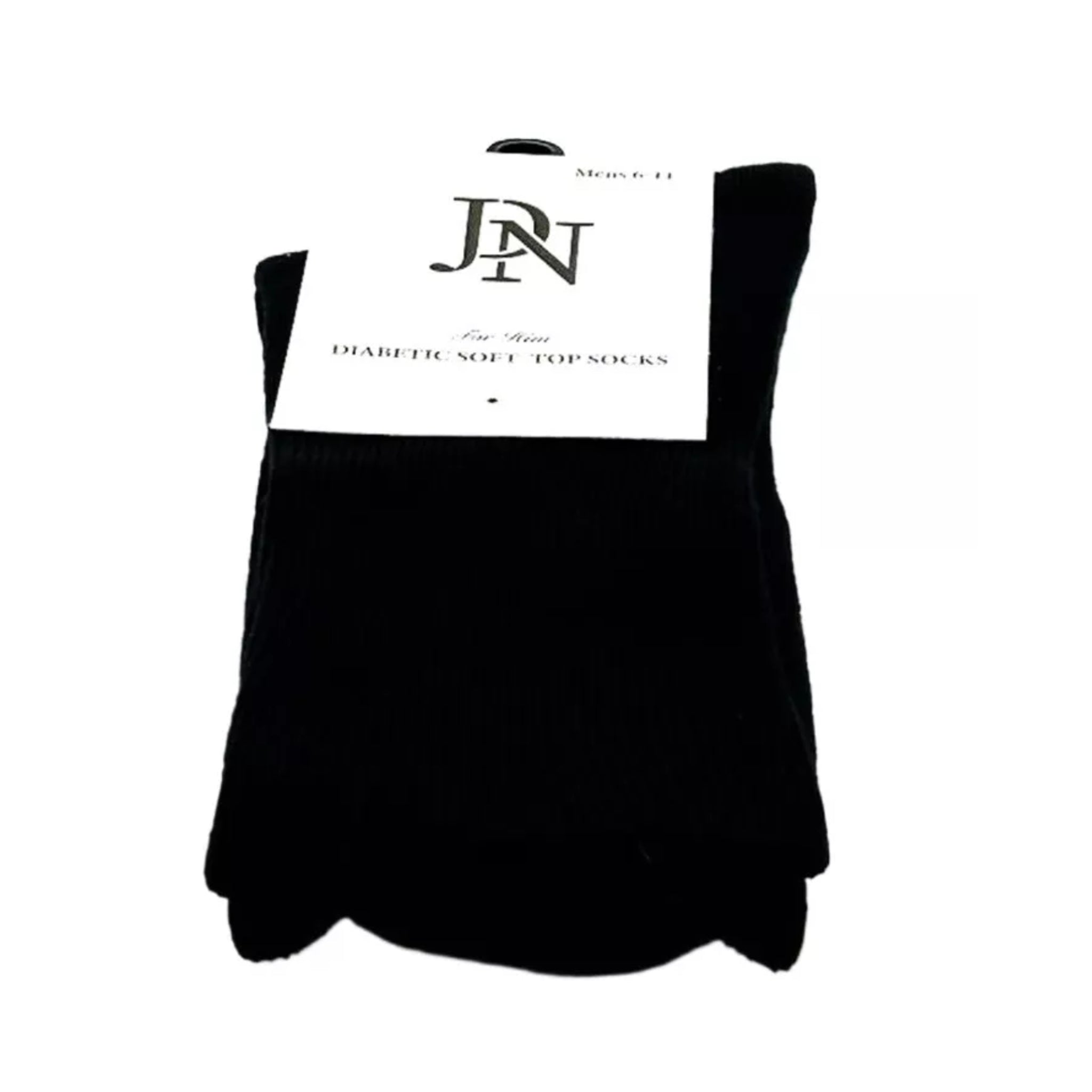 Mens JDN branded black diabetic socks with non-elastic soft top for comfort and circulation support